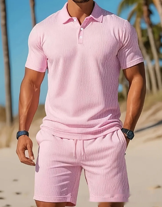 Men's Casual Beach Mesh Lapel Set Summer Comfortable Breathable Loose Solid-Color Sports Short-Sleeved Shirt And Shorts Set - Image 5