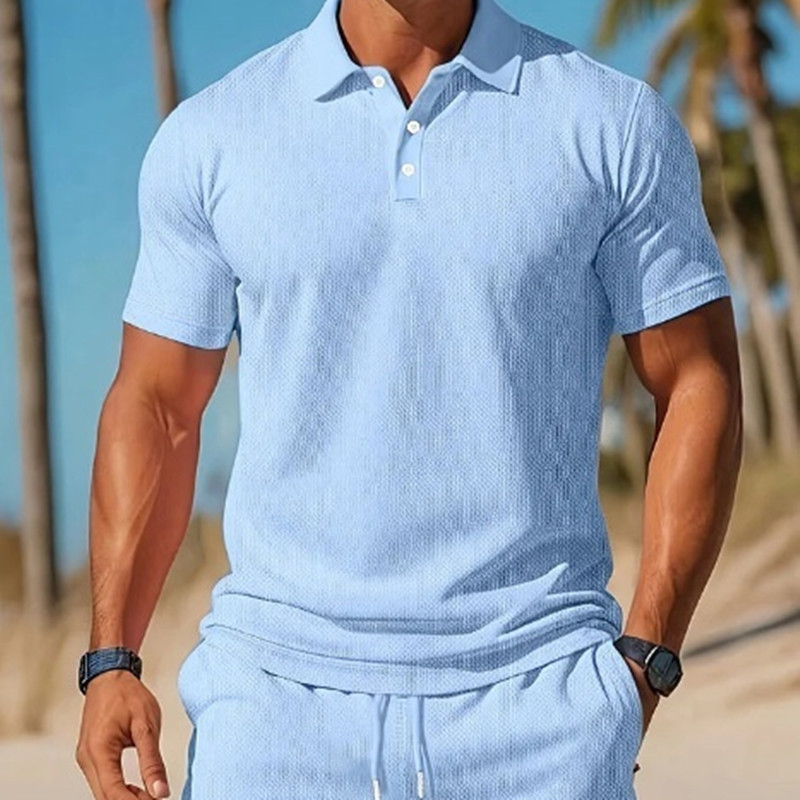 Men’s Casual Beach Mesh Lapel Set Summer Comfortable Breathable Loose Solid-Color Sports Short-Sleeved Shirt And Shorts Set