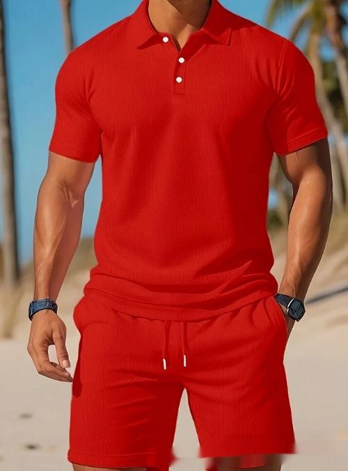 Men's Casual Beach Mesh Lapel Set Summer Comfortable Breathable Loose Solid-Color Sports Short-Sleeved Shirt And Shorts Set - Image 4